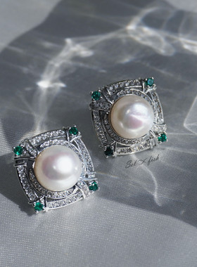 Selfish|精选|西洋复古法式天然大颗淡水珍珠耳钉祖母绿方形耳饰