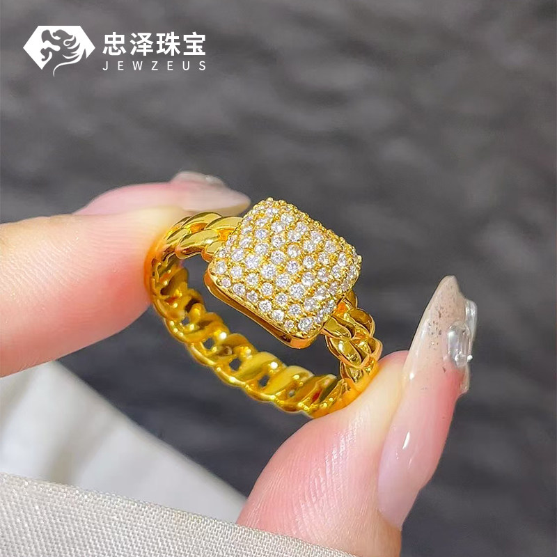 黄金方糖链条戒指女 999足金爆闪镶钻小方糖时尚指环生日送女友图片
