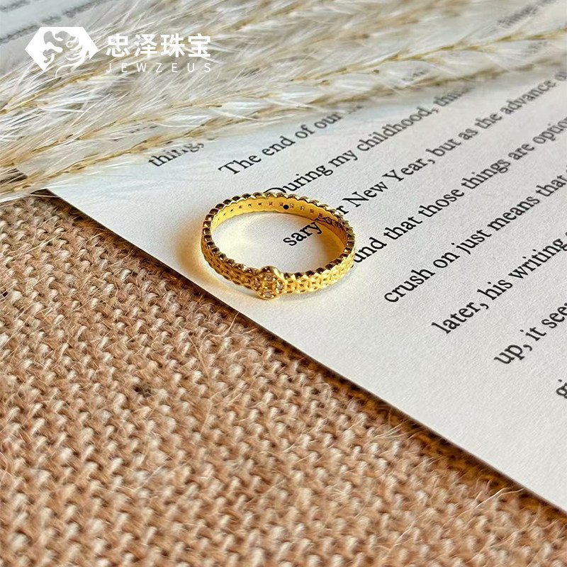 小克重黄金铜钱戒指足金999指环6D硬金莫桑石镶嵌钻戒黄金手饰女