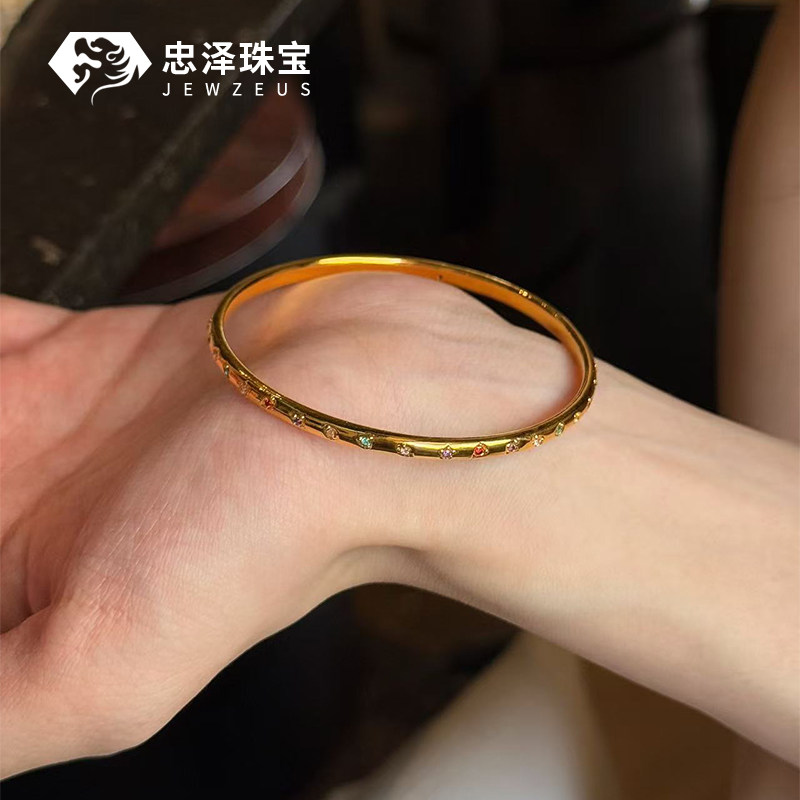 黄金彩色糖彩多巴胺手镯女999足金闪钻金镯子细版叠戴手环送女友