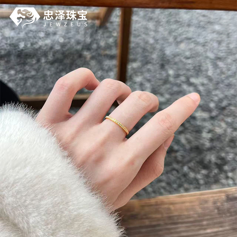 黄金半圈点钻戒指女足金999镶嵌莫桑钻纯金叠戴细排戒送女友礼物