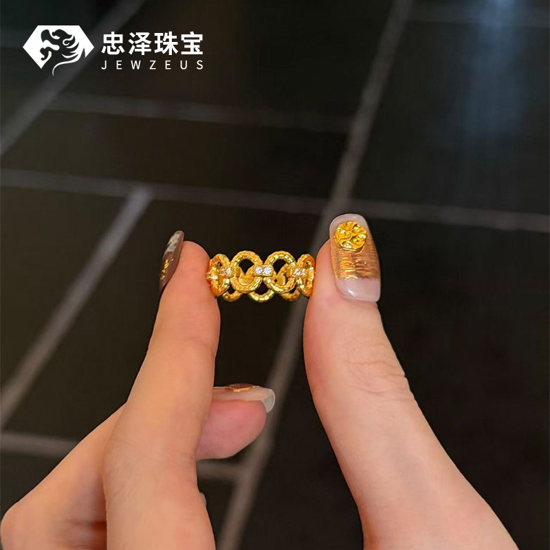 5D黄金点钻圈圈戒指999足金镶嵌莫桑钻圆圈手饰纯金时尚百搭送礼