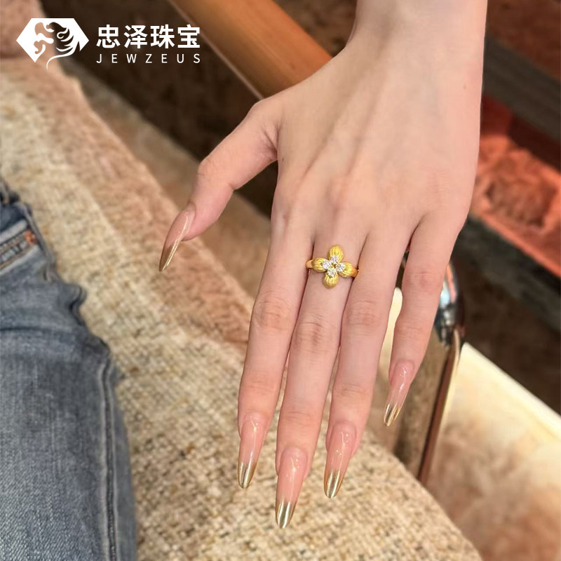 黄金璀璨花瓣戒指999足金点钻镶嵌莫桑钻花朵戒子纯金送女友礼物