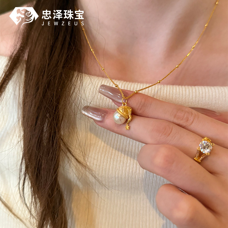 足金999新款雪人圣诞帽天然珍珠镶嵌黄金吊坠圣诞节爆款礼物男女