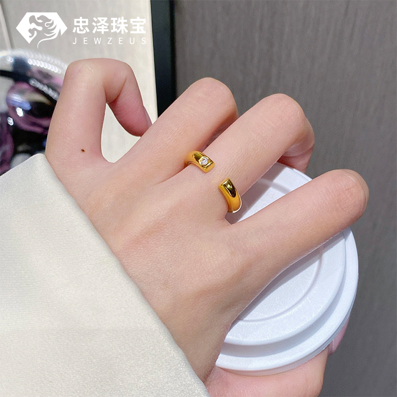 黄金点钻光面泥鳅背戒指足金999镶嵌莫桑钻时尚设计款新款女送礼