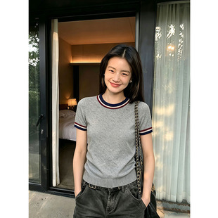 韩系撞色圆领短袖针织衫T恤女夏季高级感老钱风简约气质正肩上衣