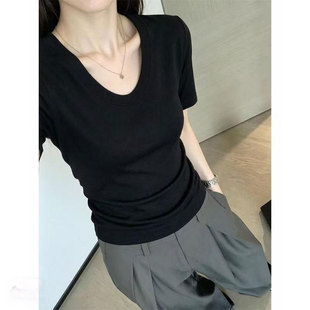 基础款U领五分袖针织短袖T恤女夏高级感简约气质修身正肩黑色上衣