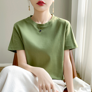 绿色正肩纯棉短袖 百搭丝光体恤宽松显瘦上衣凉感 t恤女圆领夏新款