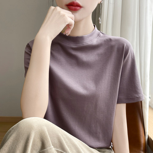 正肩纯棉T恤女短袖小半高中领