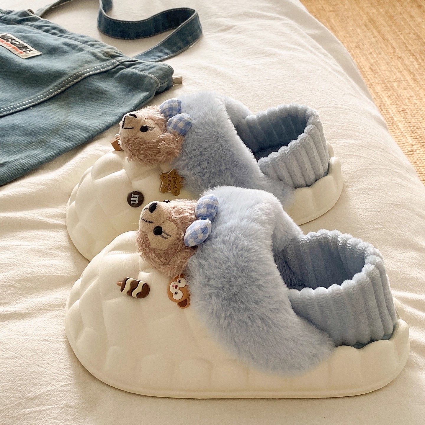 踩屎感防滑加绒保暖可爱小熊棉拖