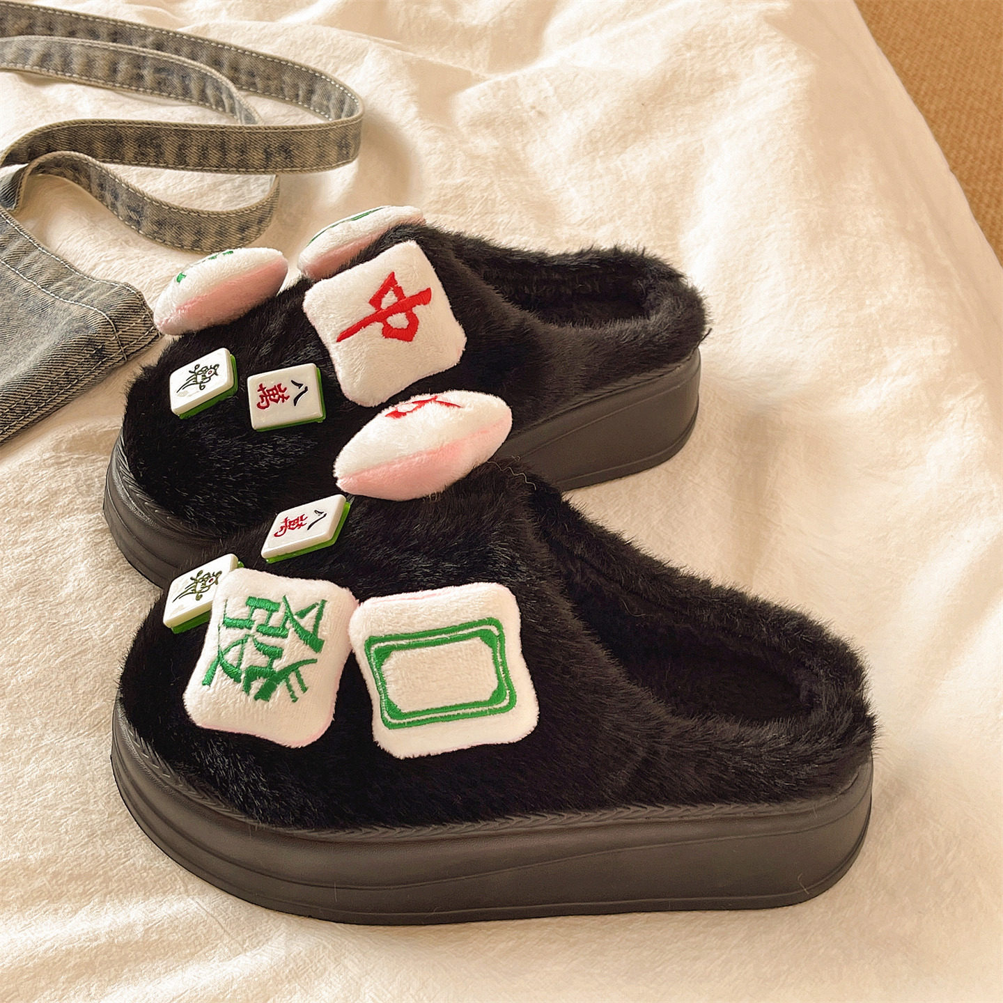 毛毛拖鞋女冬季外穿居家保暖加绒厚底增高防滑包头趣味麻将棉拖鞋,女鞋,毛毛鞋,淘宝优惠券,粉丝福利购,淘宝优惠卷