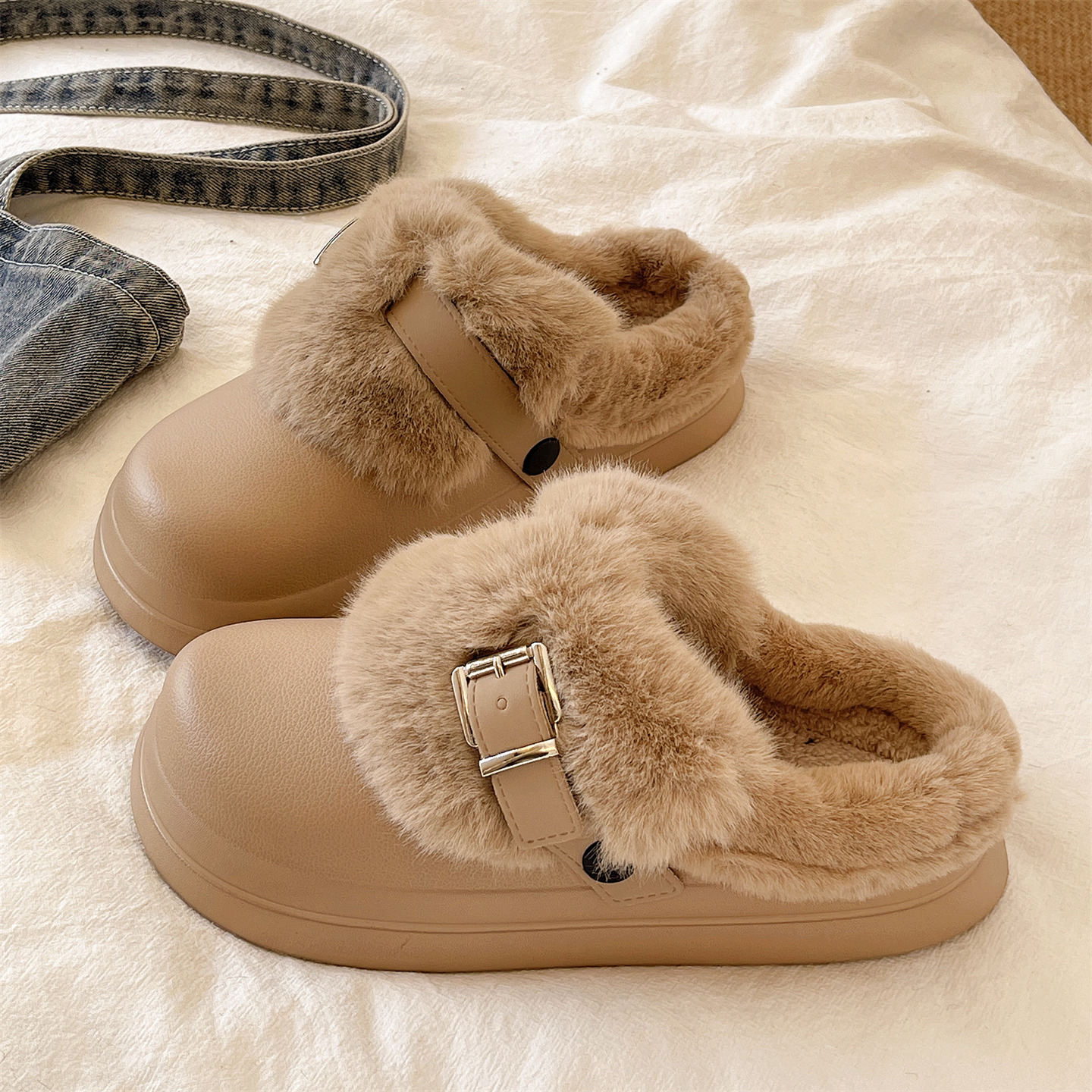 时尚皮带扣防水包头棉拖鞋