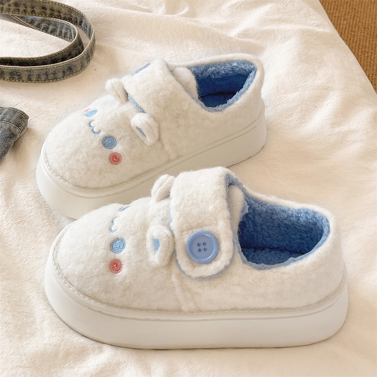 可爱兔子魔术贴厚底包跟棉鞋