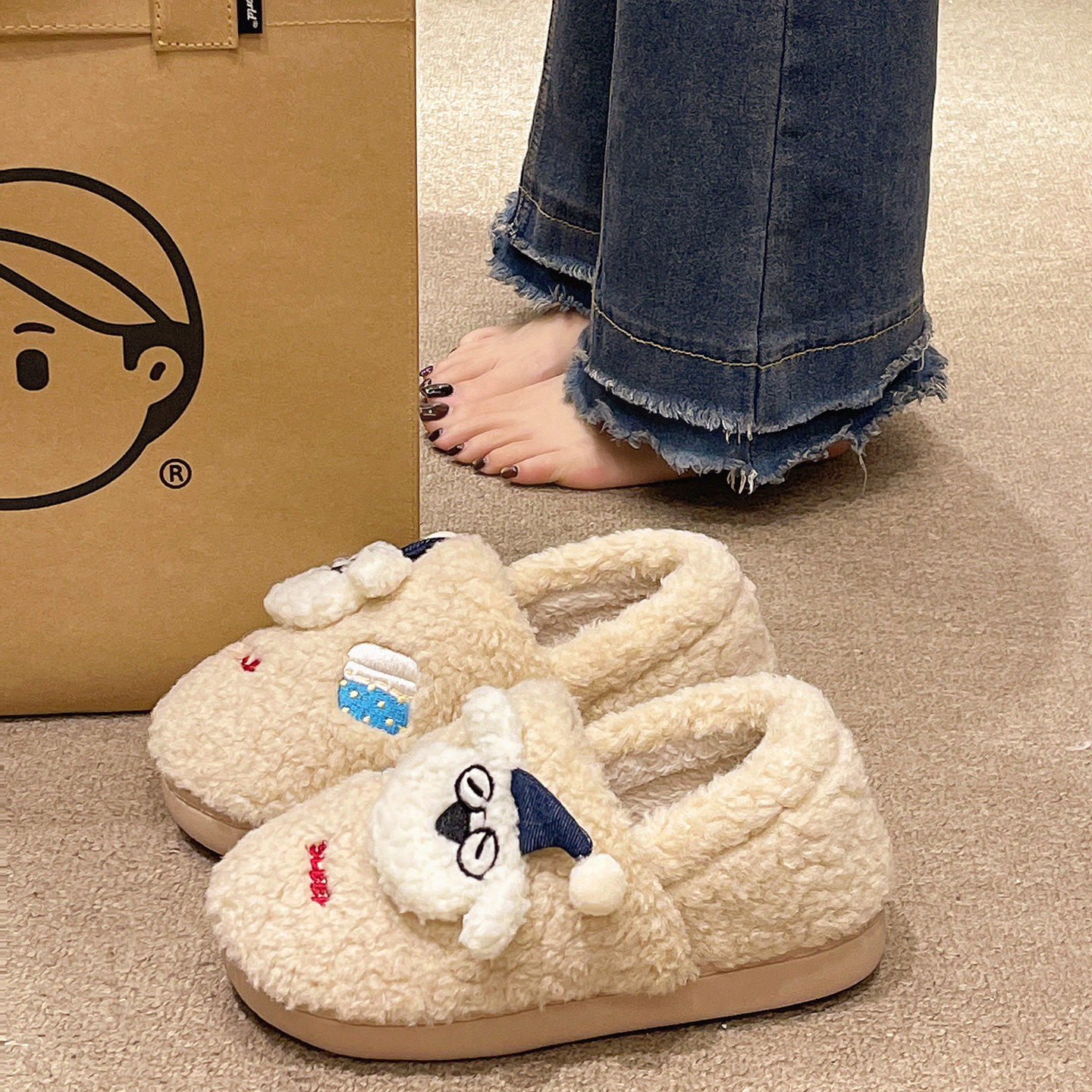 包跟棉鞋女冬季厚底外穿可爱小狗室内家居防滑毛绒保暖情侣棉拖鞋,女鞋,毛毛鞋,淘宝优惠券,粉丝福利购,淘宝优惠卷