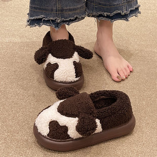 室内可爱奶牛学生宿舍防滑厚底包跟毛绒保暖棉鞋 外穿棉拖鞋 女冬季