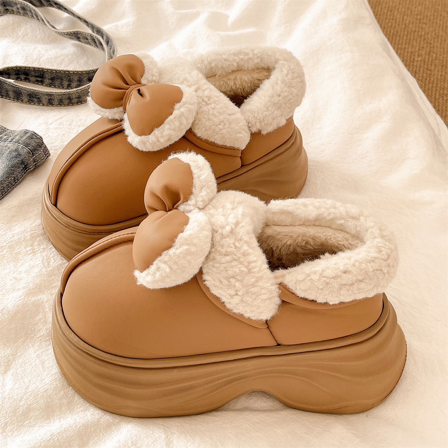 可爱蝴蝶结厚底高跟包跟棉鞋