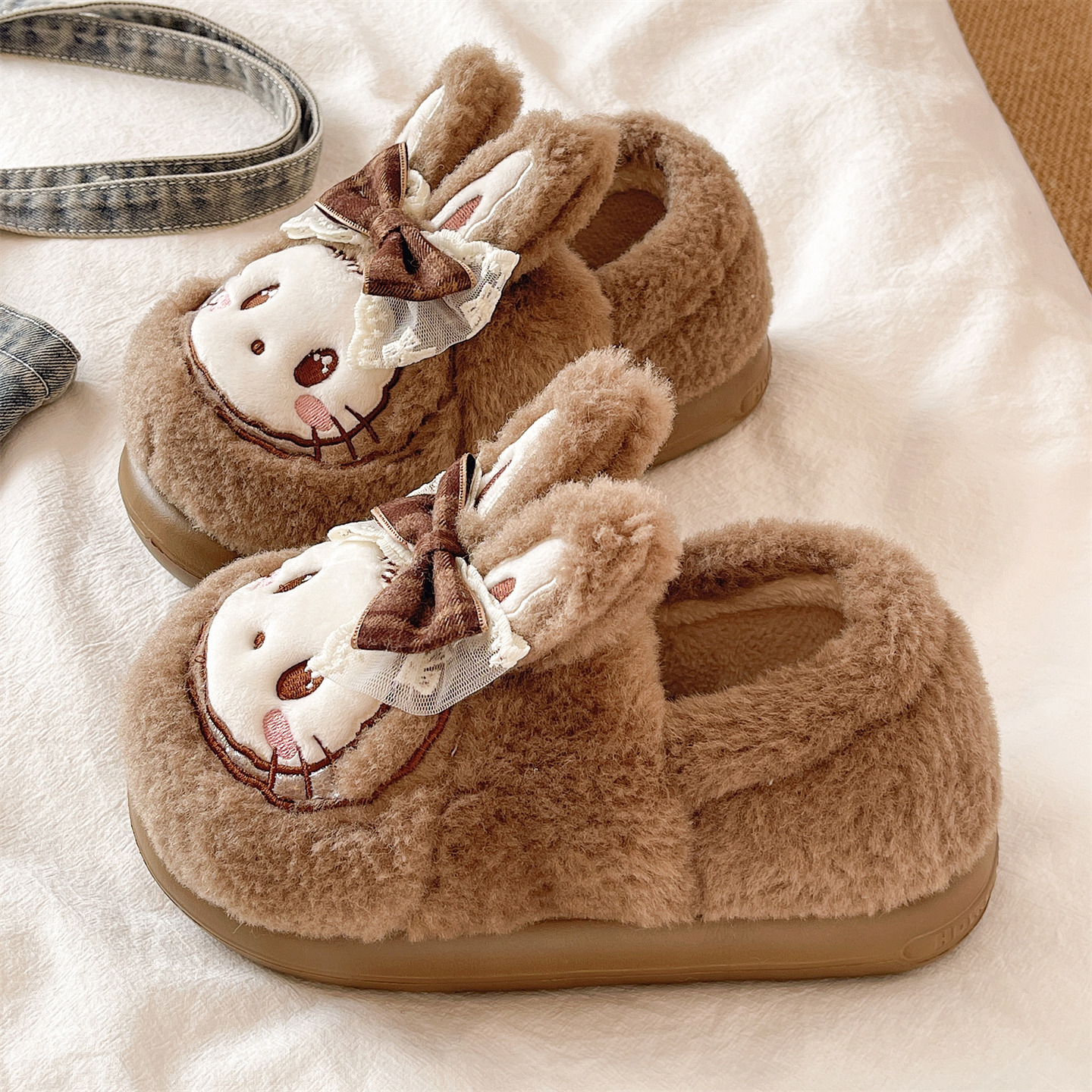 可爱蝴蝶结搞怪兔子包跟棉鞋