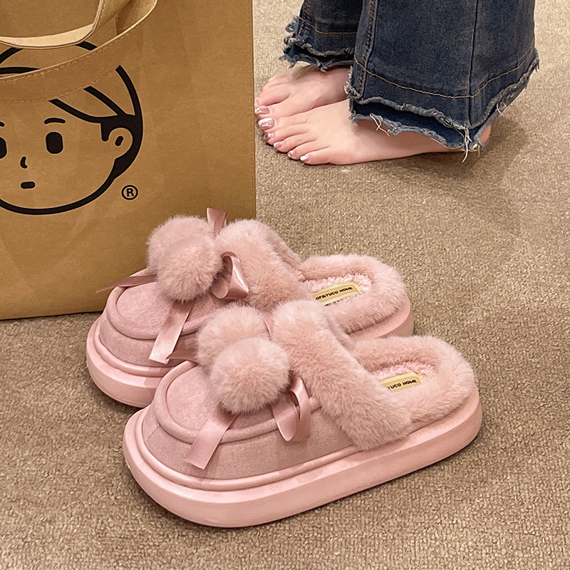 可爱双球蝴蝶结棉拖鞋