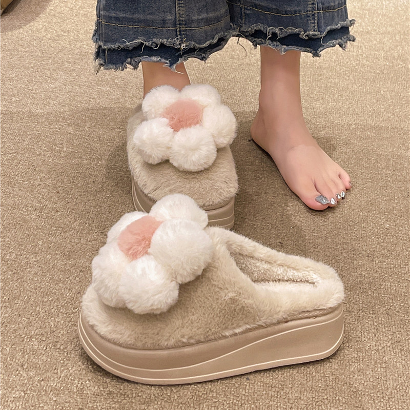 棉拖鞋女冬季新款室内家居可爱花朵包头厚底增高防滑保暖毛绒拖鞋
