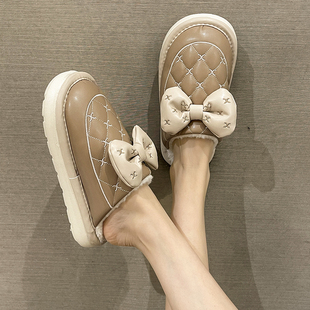 棉拖鞋女士冬季居家室内厚底皮质防水防滑毛绒保暖外穿蝴蝶结棉拖