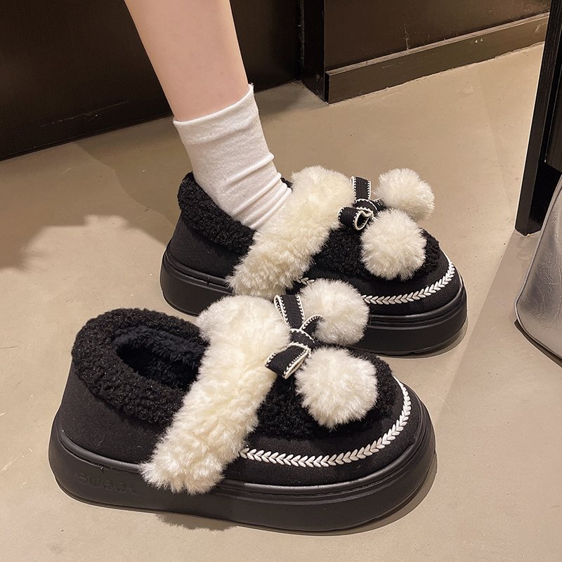 软底防滑加绒保暖毛球蝴蝶结棉鞋