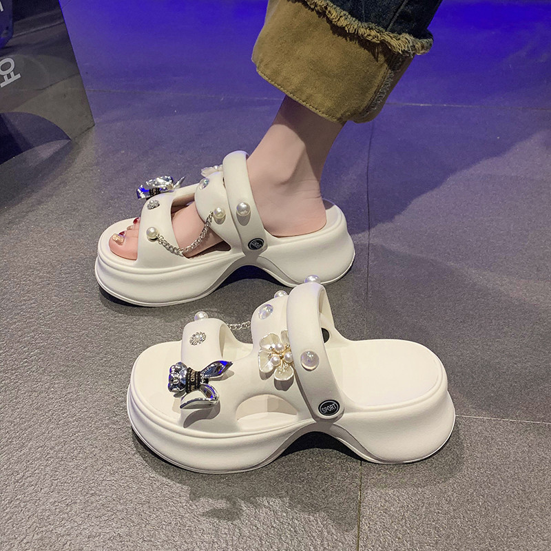 凉鞋女夏季网红外穿百搭时尚珍珠链条防滑两穿沙滩厚底增高凉拖鞋