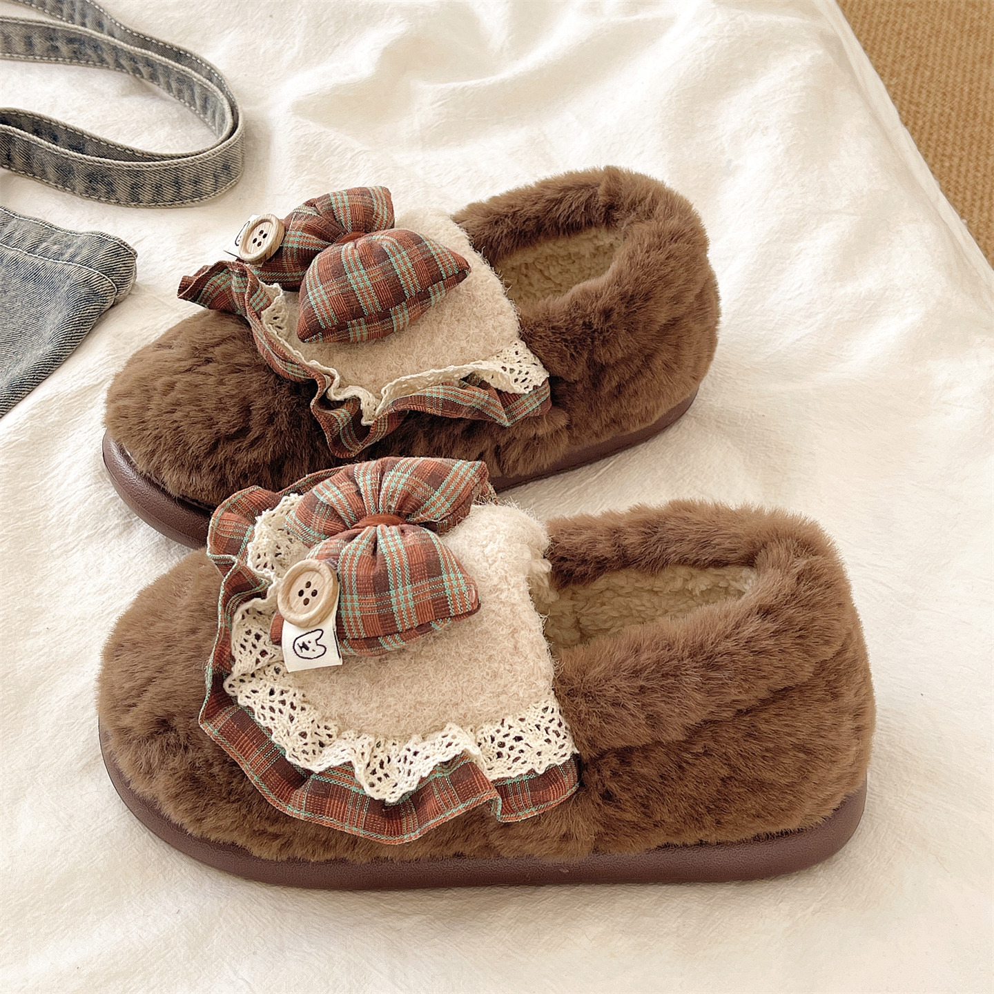 可爱格子蝴蝶结厚底包跟棉鞋