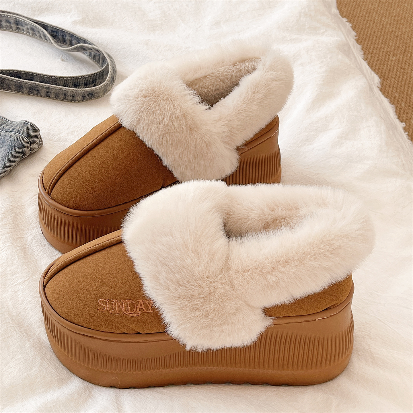 厚底保暖高跟加绒包跟棉鞋