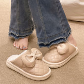 外穿可爱蝴蝶结加绒保暖防滑防水包头拖鞋 新款 女2026秋冬季 棉拖鞋
