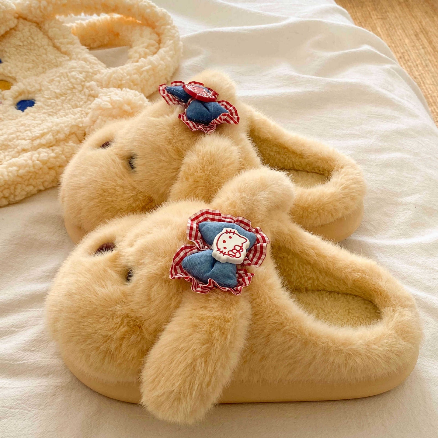 保暖可爱长耳狗蝴蝶结棉拖鞋