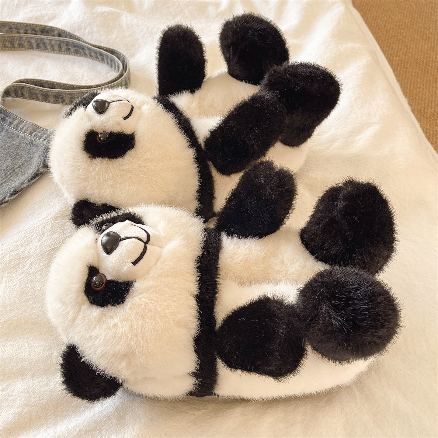 可爱熊猫厚底保暖包跟棉拖鞋