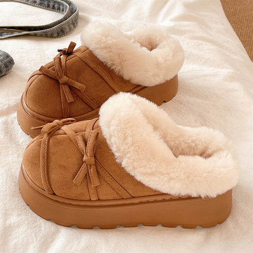 可爱蝴蝶结厚底包头棉拖鞋