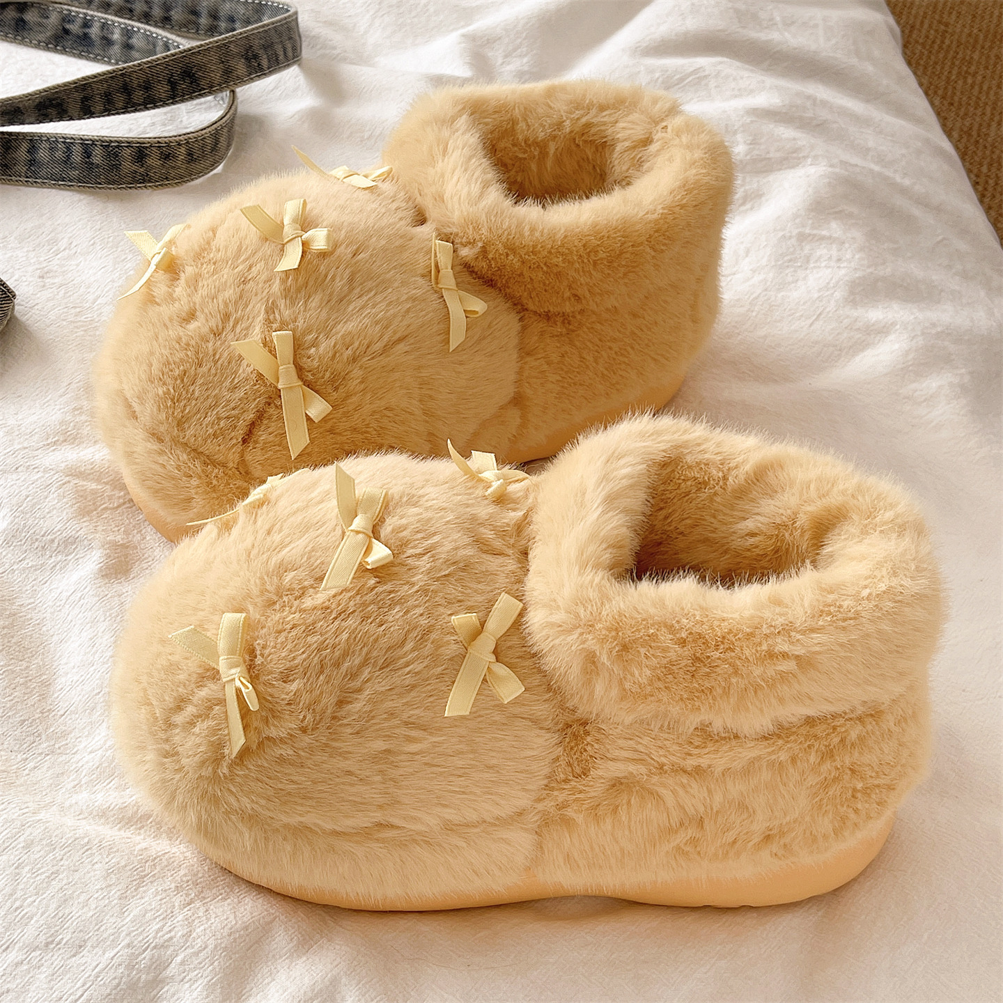 可爱蝴蝶结厚底包跟棉拖鞋