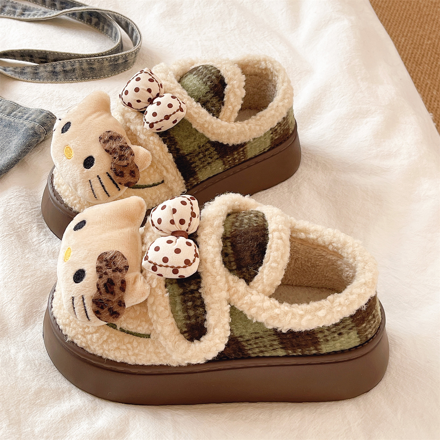 可爱猫咪格子厚底包跟棉拖鞋