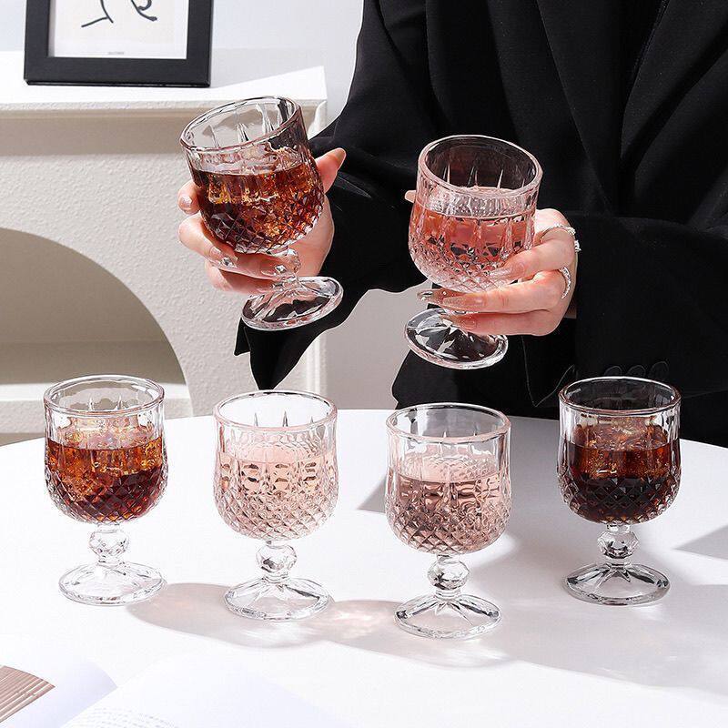 小众复古ins风钻石浮雕可爱矮高脚杯高颜值玻璃杯香槟红酒甜酒杯