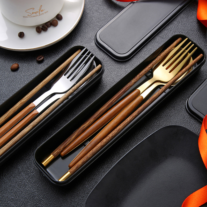 筷子勺子套装一人一筷便携餐具学生收纳盒叉子单人木质筷子三件套