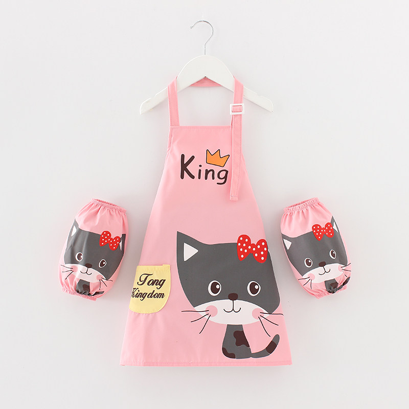 儿童围裙画画罩衣防水小孩厨房女童美术绘画卡通幼儿园男孩带套袖