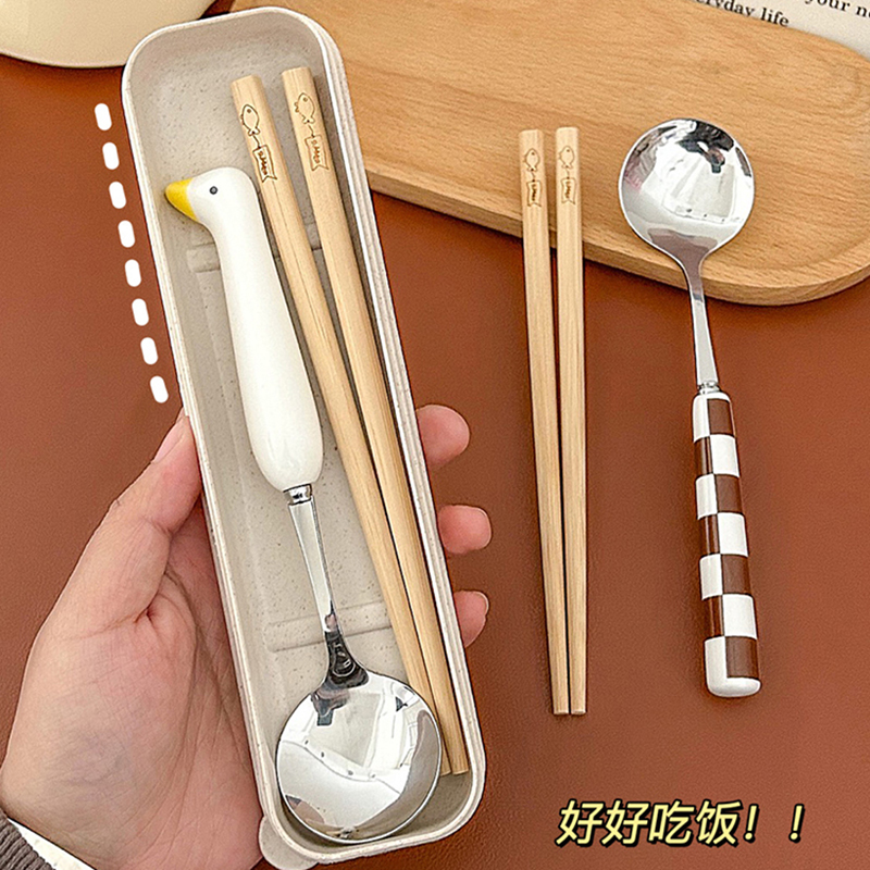 可爱卡通小鸭子木质不锈钢勺子筷