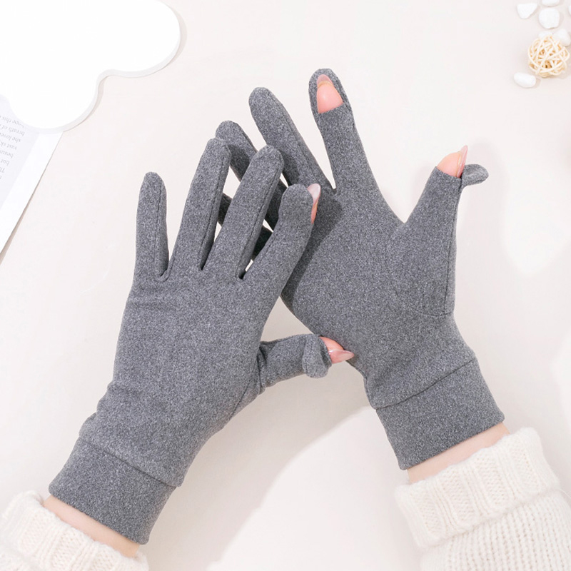 德绒秋冬季四指翻盖露指头两用手套触屏女士骑车保暖单层保暖薄款