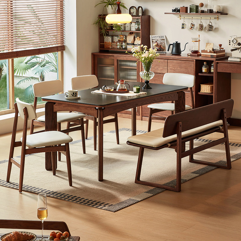 林氏法式中复古风岩板橡木全实木餐桌椅新款林氏木业可可系列