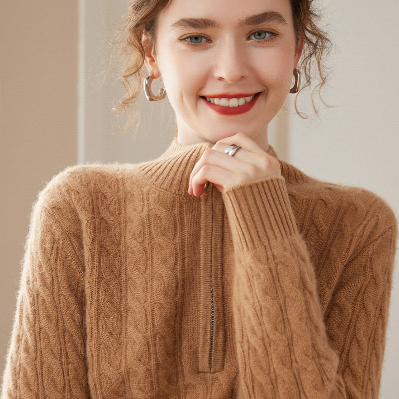 半高领拉链套头山羊绒衫女修身长袖毛衣秋冬新款螺纹麻花针织上衣