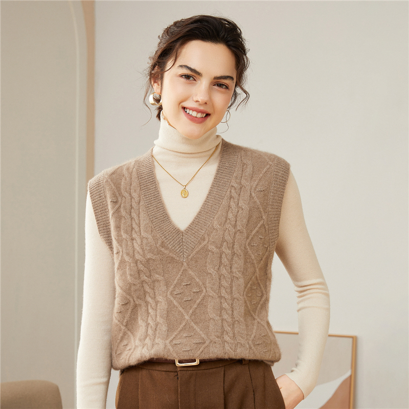 100纯山羊绒马甲女V领宽松针织衫