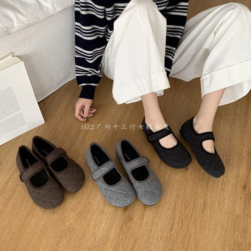 HZ2实拍BEILIXUAN魔术贴一字平底单鞋女2025秋冬新款复古玛丽珍鞋