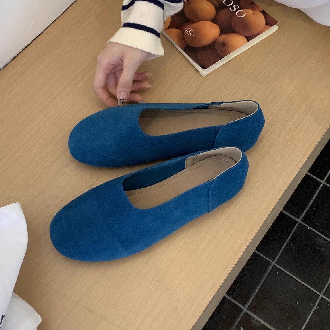 HZ2实拍BEILIXUAN真皮磨砂软平底玛丽珍鞋女一脚蹬复古芭蕾舞单鞋