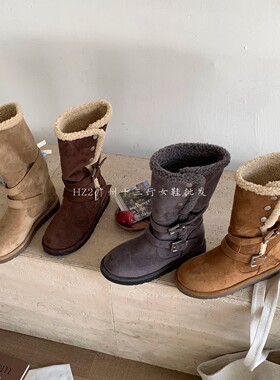 HZ2实拍冬季新款时尚百搭加绒保暖雪地靴女皮带扣厚底中筒毛绒靴