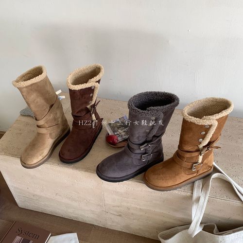 HZ2实拍冬季新款时尚百搭加绒保暖雪地靴女皮带扣厚底中筒毛绒靴