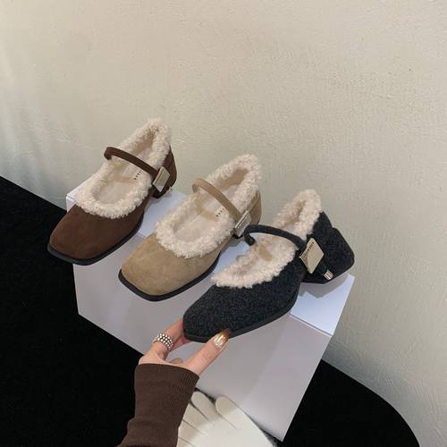Ali Lover韩式方头玛丽珍鞋女2025冬季新款加绒粗跟一字扣毛毛鞋
