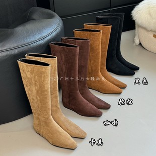 HZ2实拍复古加绒面长筒骑士靴2025新款 靴显瘦靴 小个子不过膝时装