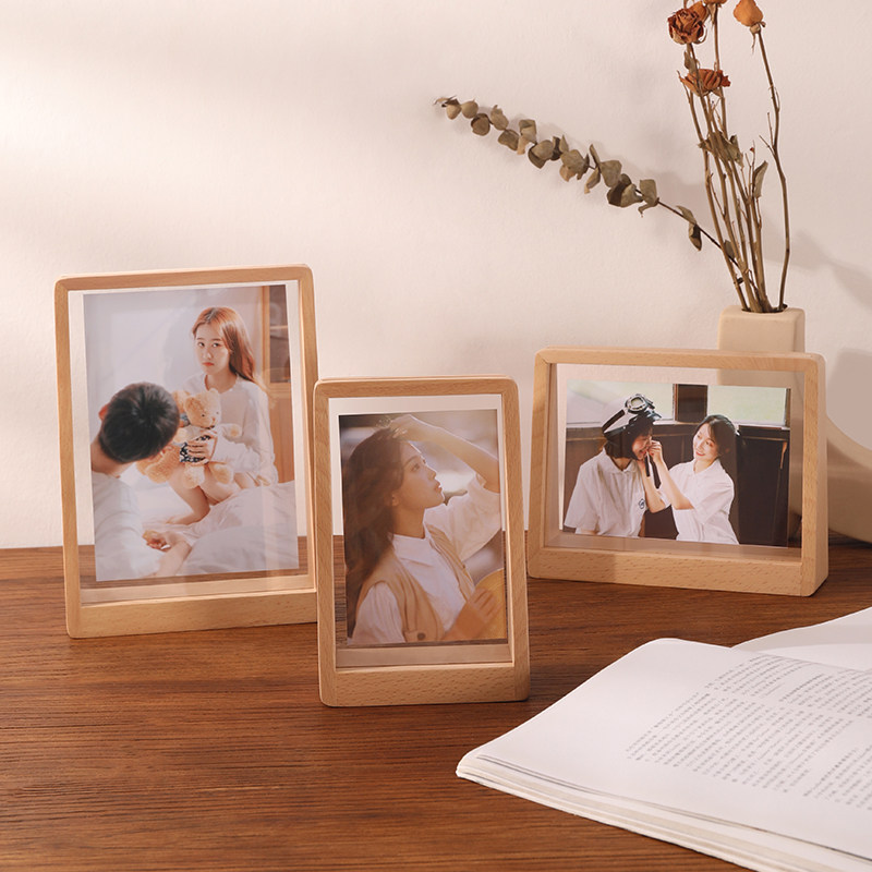创意t型简约亚克力照片相框定制实木刻字 6 7 8寸六木质情侣摆台