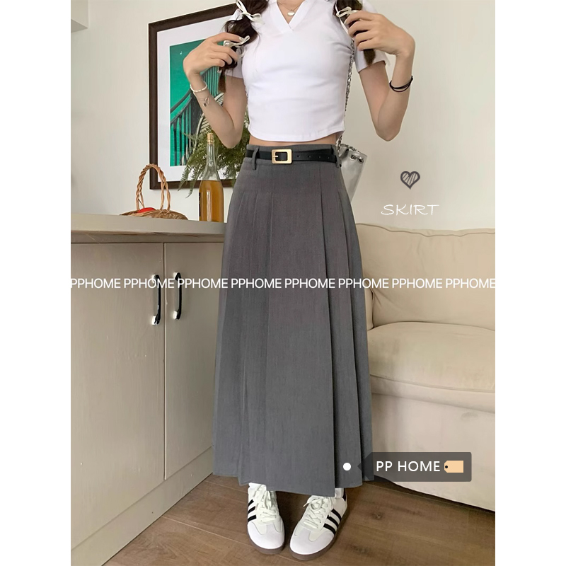 PPHOME自制~垂坠西装裙 经典百褶长裙夏季高腰A字显瘦西装半身裙